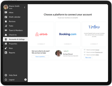 iGMS platform connection screen showing Airbnb, Booking.com, and Vrbo channels