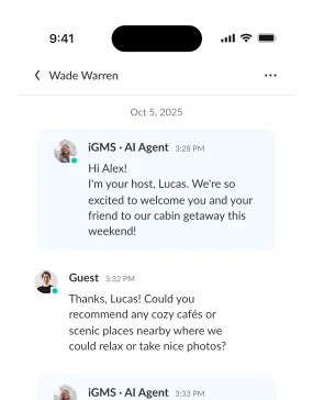 iGMS AI Agent messaging interface showing automated guest responses