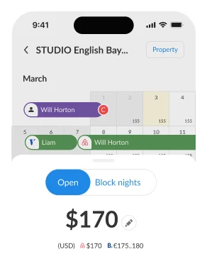iGMS mobile app showing calendar with dynamic pricing at $170