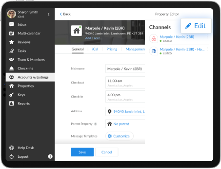 iGMS Dashboard on iPad and Mobile - Channel management, booking calendar, and property settings