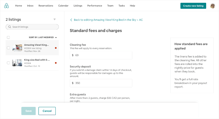 Airbnb cleaning fee change on profile