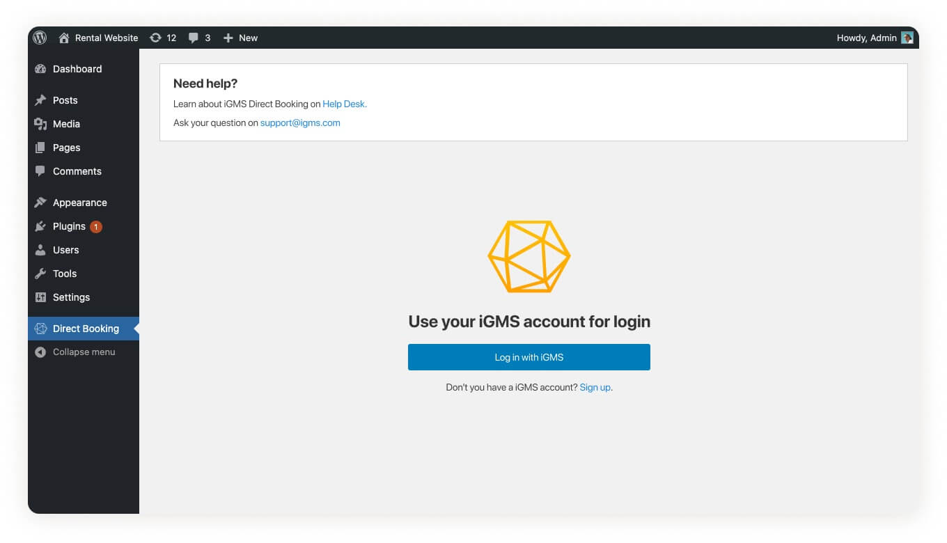 iGMS Direct Booking WordPress Plugin Log in with iGMS