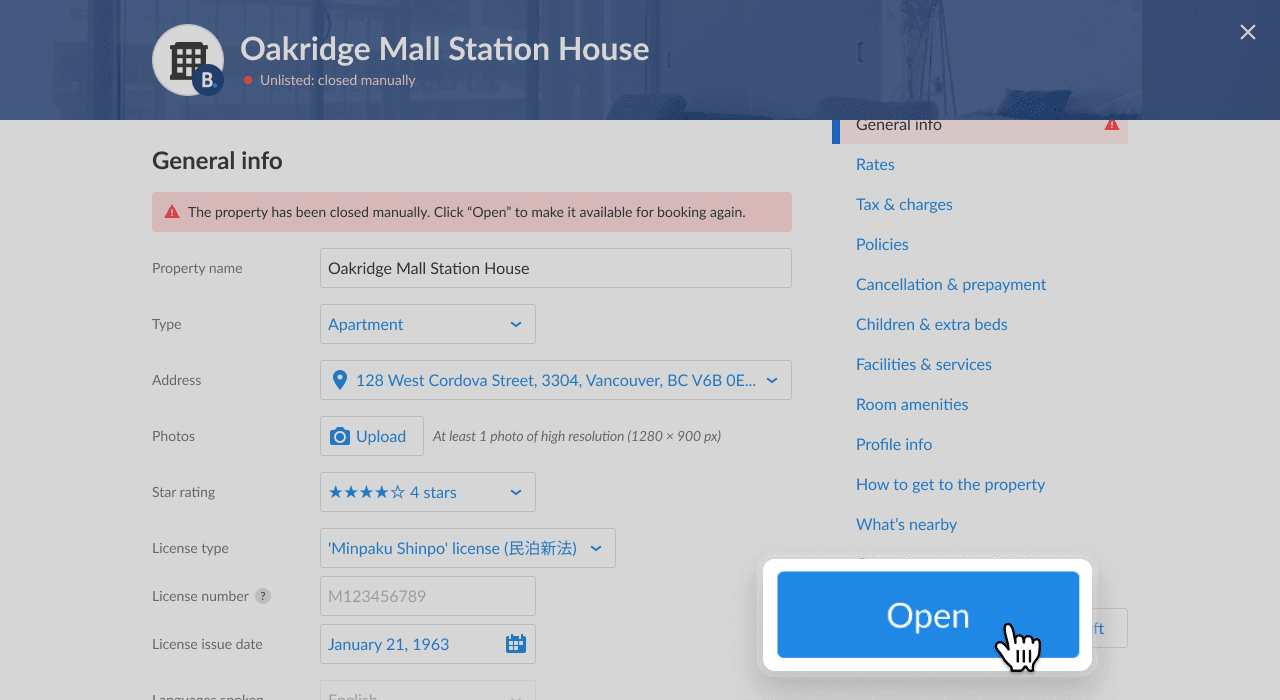 Booking.com Property Editor Open Property