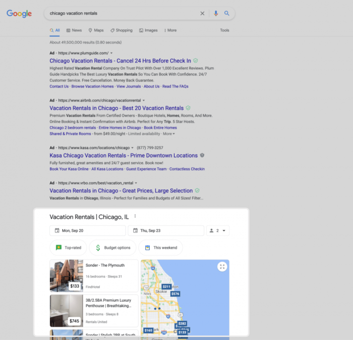 Search results for Google vacation rentals showing both paid and organic OTA listings. Source: Google Screengrab.