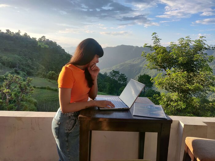 a woman working remotely