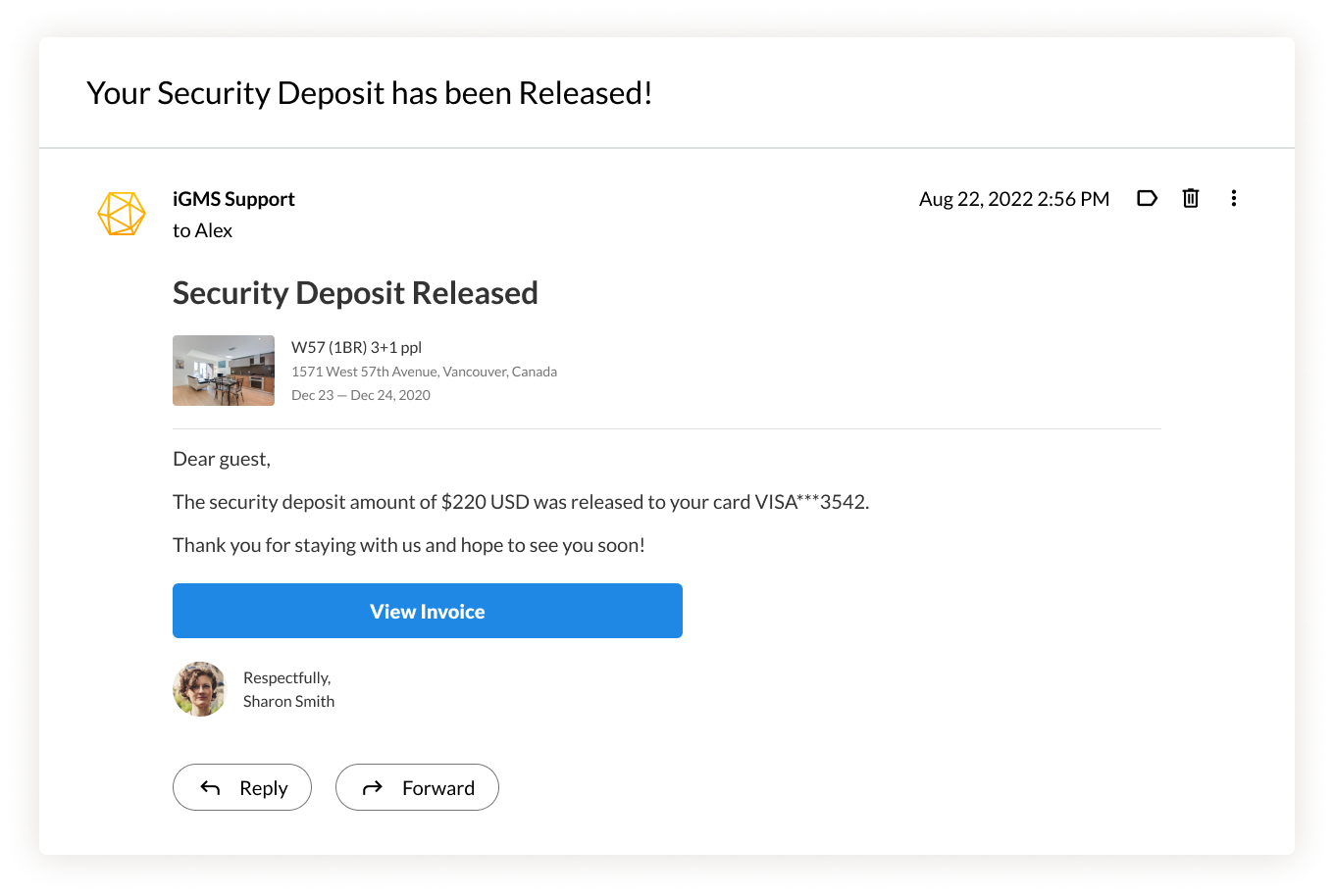 Your security deposit has been released notification to a guest